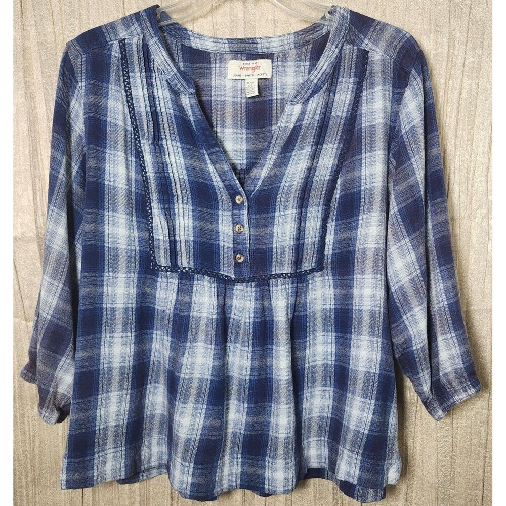 Wrangler Blue Plaid Swing Top XL 3/4 Slv Blouse Boho Cottagecore Babydoll